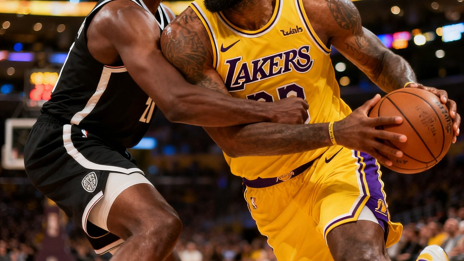 NBA湖人队主场斯台普斯中心，勒布朗·詹姆斯持球突破至篮下，与对方中锋激烈身体对抗，金黄色球衣在灯光下闪耀